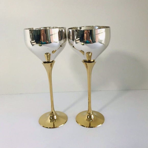 Unbranded Other - NIB Vintage Silver Plated Brushed Brass Goblet Wine Water Set Of 2 Two-Tone NEW